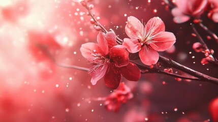 Delicate cherry blossoms bloom on branches in a vibrant, pink-hued atmosphere during springtime