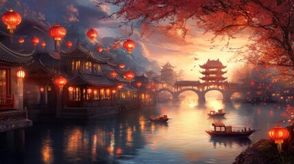 Serene riverside village adorned with lanterns at dusk, showcasing traditional architecture and a tranquil waterway