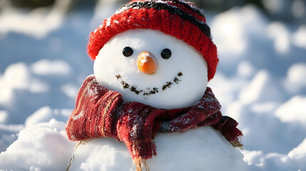 Closed-Up Shot of A Happy Snowman, Snowman with hat and carrot, Winter season or christmas holiday background