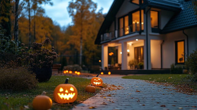 Private suburban house decorated for halloween with jack o lantern pumpkins