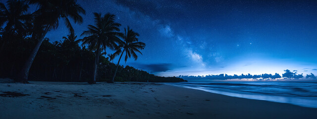 Panoramic stunning view of night tropical beach on the background of starry sky