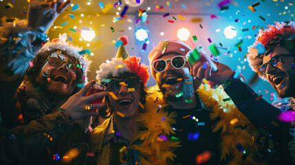 A themed virtual New Year party with friends dressed in costumes, engaging in fun challenges, and sharing drinks online