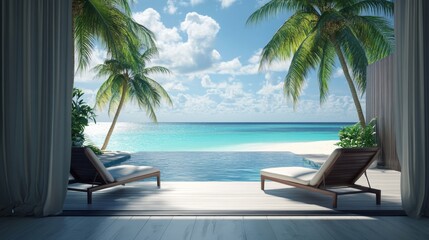 Two lounge chairs by a swimming pool overlooking a tropical beach and ocean.