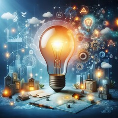 Creative light bulb abstract on glowing blue background generative AI