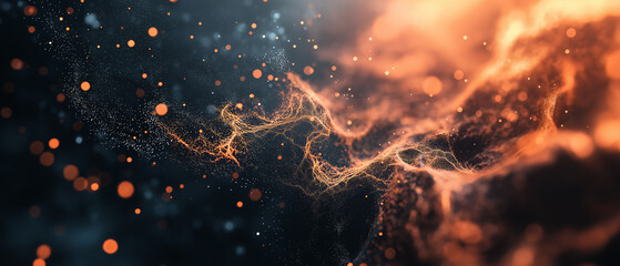 Dynamic abstract particles and light trails in dark background with glowing orange accents