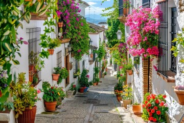 A narrow street lined with potted plants and flowers, generative ai image