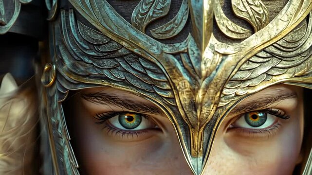 A close-up of a woman's eyes, peering out from under an ornate helmet