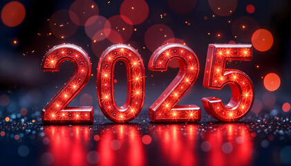 2025 New Year Background. Large vibrant numbers with glowing lights on a dark background. Happy new year, festive atmosphere.