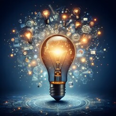 Creative light bulb abstract on glowing blue background generative AI