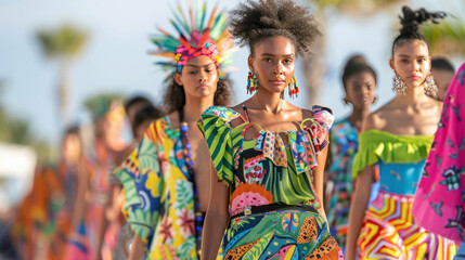 Fototapeta premium A tropical New Year-themed fashion show with vibrant, flowing outfits, bold patterns, and models walking a beachside runway