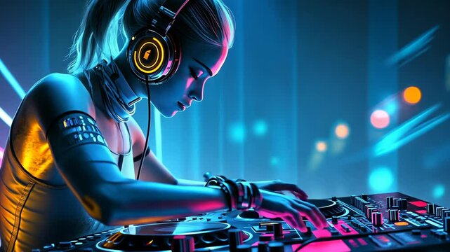 A woman wearing headphones DJs at a club with neon lights