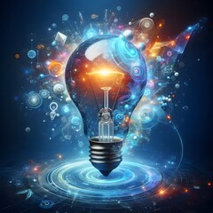 Creative light bulb abstract on glowing blue background generative AI