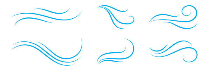 Wind linear sketch set, wind blow line icon. Isolated vector illustration. Wind motion, air blow, swirl elements. Air blow motion, smoke flow art, windy weather symbol, abstract curved line. 