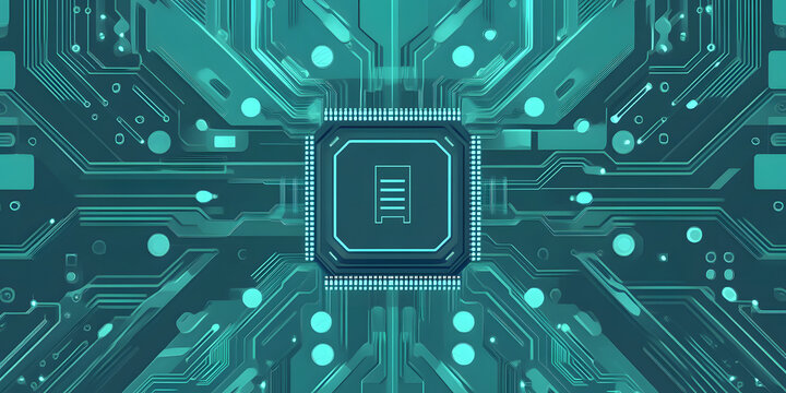 Technology banner background. blue green tech background. abstract futuristic circute illustration, chip or semiconductor in center, concept for furete tech