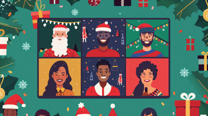 A virtual Christmas party with friends and family connecting via video call, with festive backgrounds and everyone in holiday attire