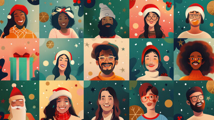 A virtual Christmas party with friends and family connecting via video call, with festive backgrounds and everyone in holiday attire