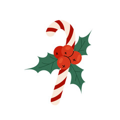 Christmas candy canes. Traditional xmas sweet dessert with holly berries isolated on white background. New year or Christmas holiday.