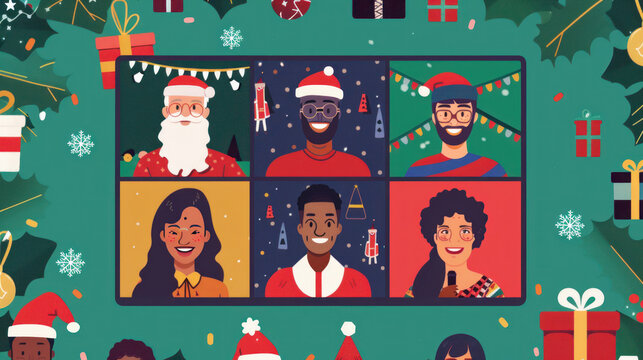 A virtual Christmas party with friends and family connecting via video call, with festive backgrounds and everyone in holiday attire