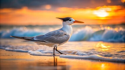 A Royal Tern strolls gracefully along Fort Myers Beach, showcasing the beauty of coastal wildlife in the Gulf of Mexico through stunning photography.