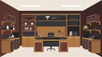 Brown furniture workplace office illustration with tables, desk, chair books binder interrior design