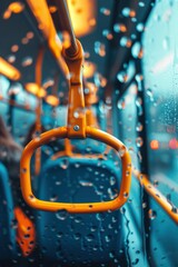 Accessible public transportation interior with rain-drenched windows