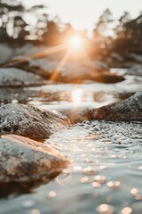 Fototapeta premium Scenic lakeside campsite at sunrise with rocks and gentle waves