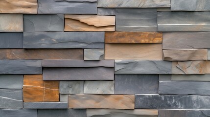 Close-up of a textured wall with interlocking stone bricks in various shades of gray, brown, and orange, showcasing a natural and rustic appearance.