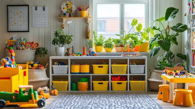 Creative and colorful storage solutions in a childrens playroom promoting organization and fun for kids