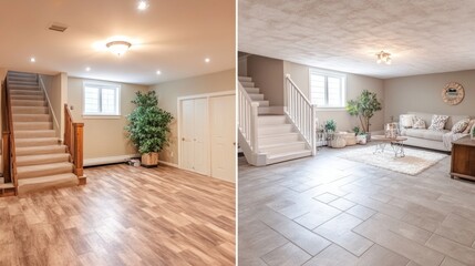 Obraz premium Transforming a neglected basement into a stylish living area: before and after renovation showcase