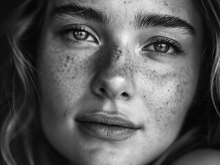 Black-and-white high-contrast portrait of a woman with striking facial features, emphasizing her beauty and grace