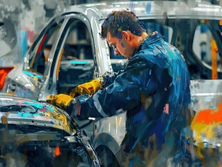 Obraz premium A man is working on a car in a factory, generative ai image