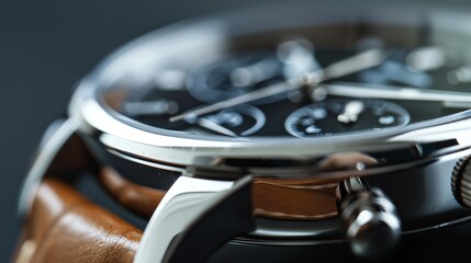 Close up of a silver wristwatch with a brown leather band.