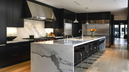 Contemporary kitchen with matte black cabinetry, a marble island with waterfall edges, and integrated stainless steel appliances, complemented by warm pendant lighting and minimalist design elements.