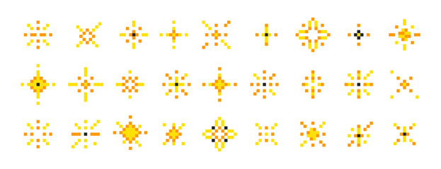 Pixel art glitter stars set in 8bit retro style. Pixelated sparkles or firework bursts. Sparkling elements, shiny sparks vector illustration. Collection of simple minimal yellow twinkle shining icons