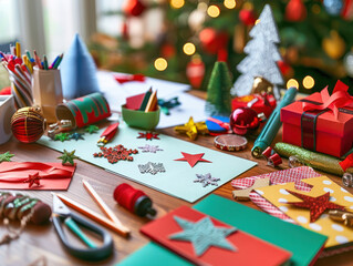 Fototapeta premium DIY Christmas card-making scene with craft supplies, colorful paper, and handmade designs spread across a table