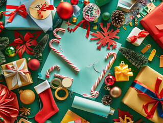 Obraz premium DIY Christmas card-making scene with craft supplies, colorful paper, and handmade designs spread across a table