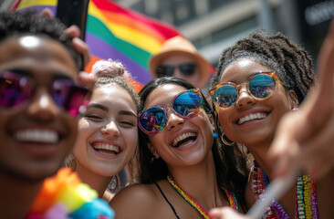 Fototapeta premium Smiling Friends Taking Selfie at a Colorful Pride Parade