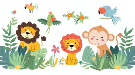 Naklejka premium A set of cartoon jungle animals with birds.