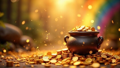 Black pot filled with golden coins surrounded by shiny coins and a rainbow in a magical forest, copy space