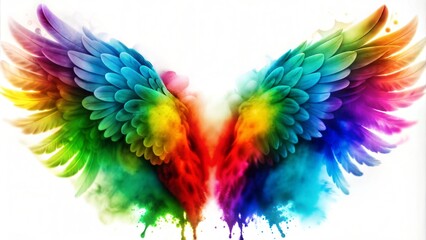 Vibrant watercolor illustration of angel wings in rainbow colors with splashes