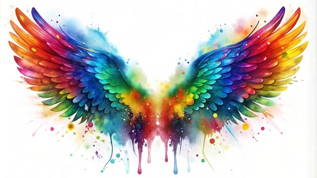 Vibrant watercolor illustration of angel wings in rainbow colors with splashes