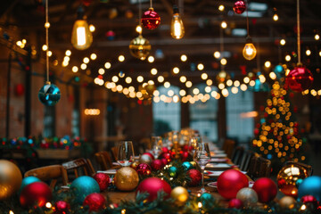 Fun and colorful Christmas decorations, with bright lights, oversized baubles, and playful garlands, filling a vibrant holiday party atmosphere