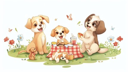 Fototapeta premium A cartoon illustration of dogs enjoying a picnic.