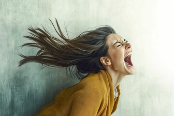 A Woman With Long Hair Expressing Intense Emotions in a Modern Indoor Setting