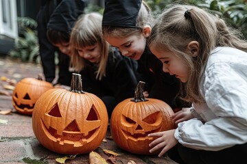 Children Carve Pumpkins and Celebrate Halloween in a Cozy Autumn Garden During the Evening