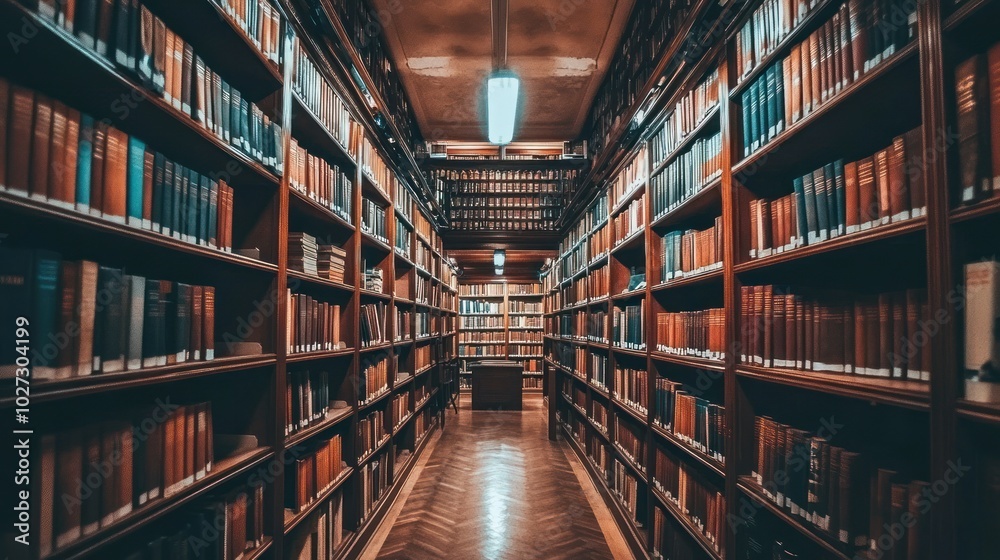 Poster An expansive library with rows of bookshelves filled with volumes