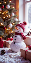 A cute, smiling snowman in a winter setting, surrounded by Christmas presents and a decorated tree. Merry Christmas, holidays festive atmosphere.