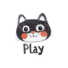 Playful Hand-Drawn Cat Illustration with Play Text for children s designs, fun decor, or playful artwork projects.