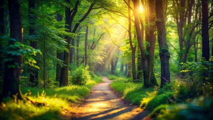 Obraz premium A sunlit enchanted forest pathway, captured in tilt-shift photography, invites nature lovers to explore its vibrant colors and whimsical charm through a dreamlike perspective.