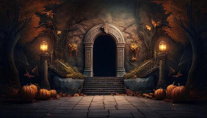 Dark Halloween background with an entrance to a secret chamber and some stairs 20